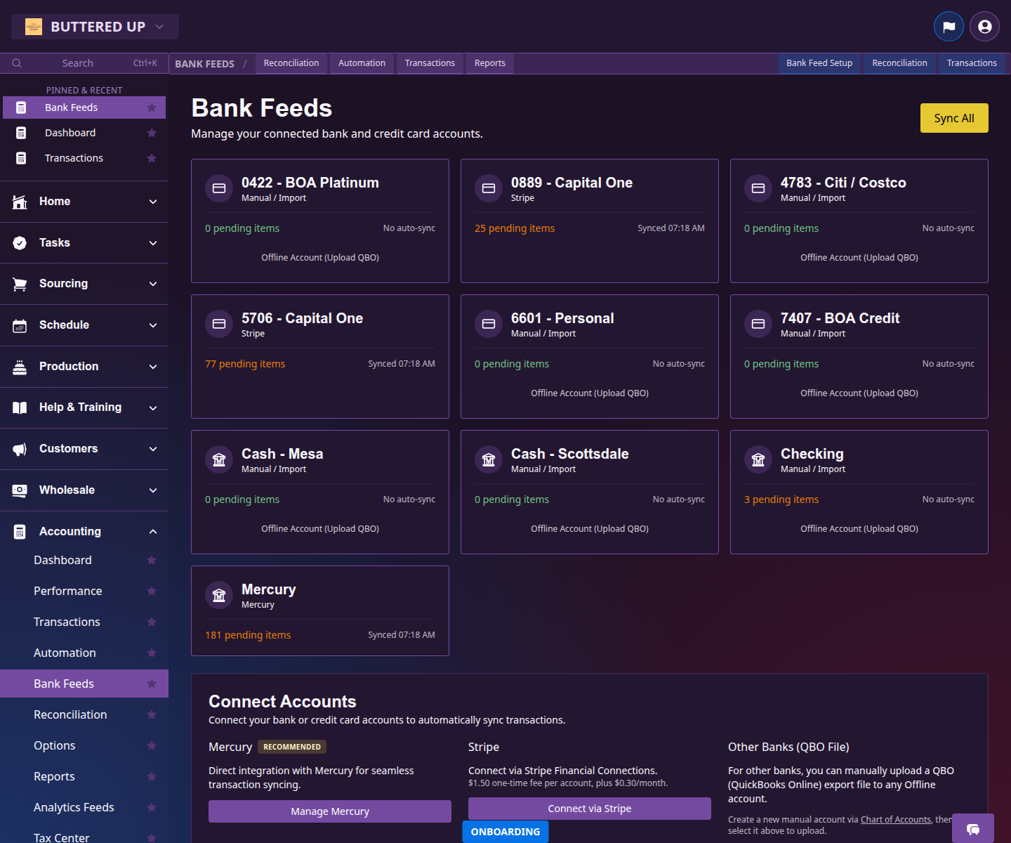 Bank Feeds page with connected account list and feed controls