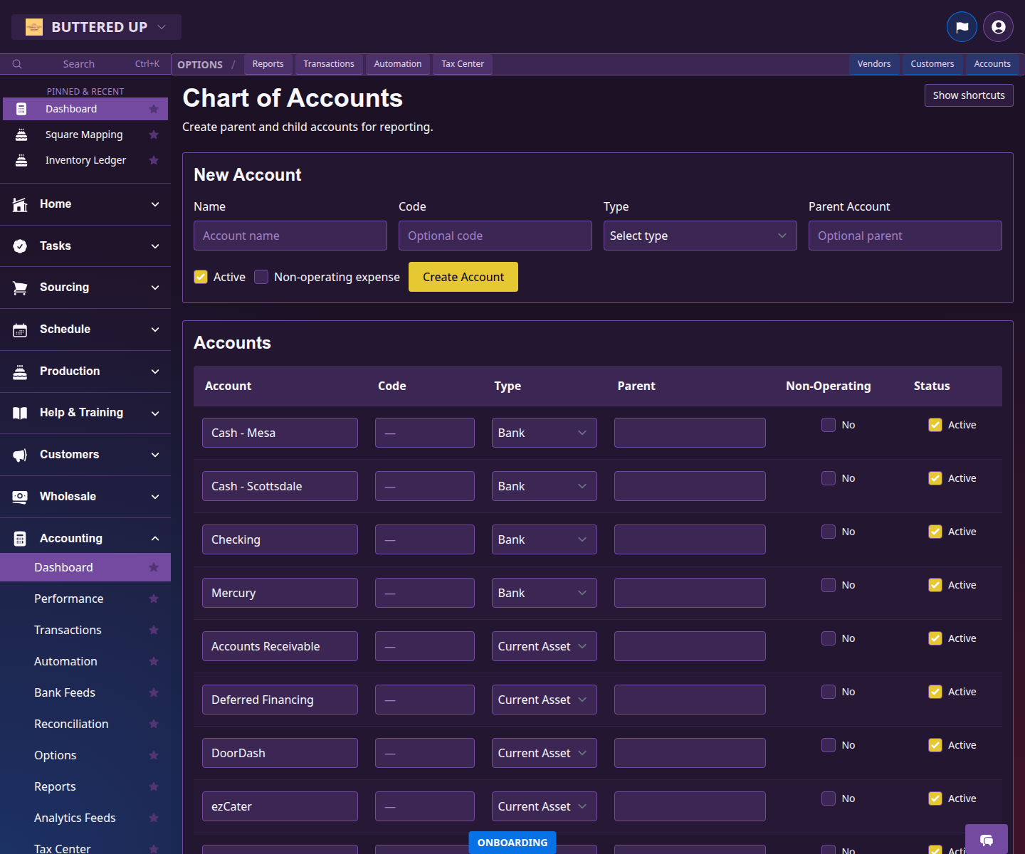 Chart of Accounts page with grouped accounting accounts