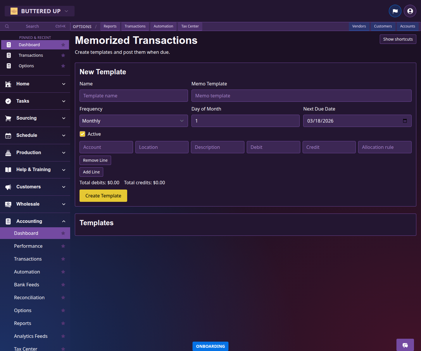 Memorized Transactions page listing recurring accounting templates