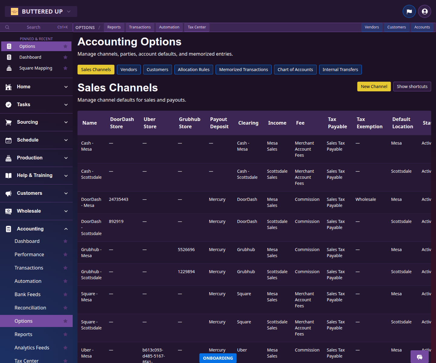 Sales Channels page with posting and clearing account settings