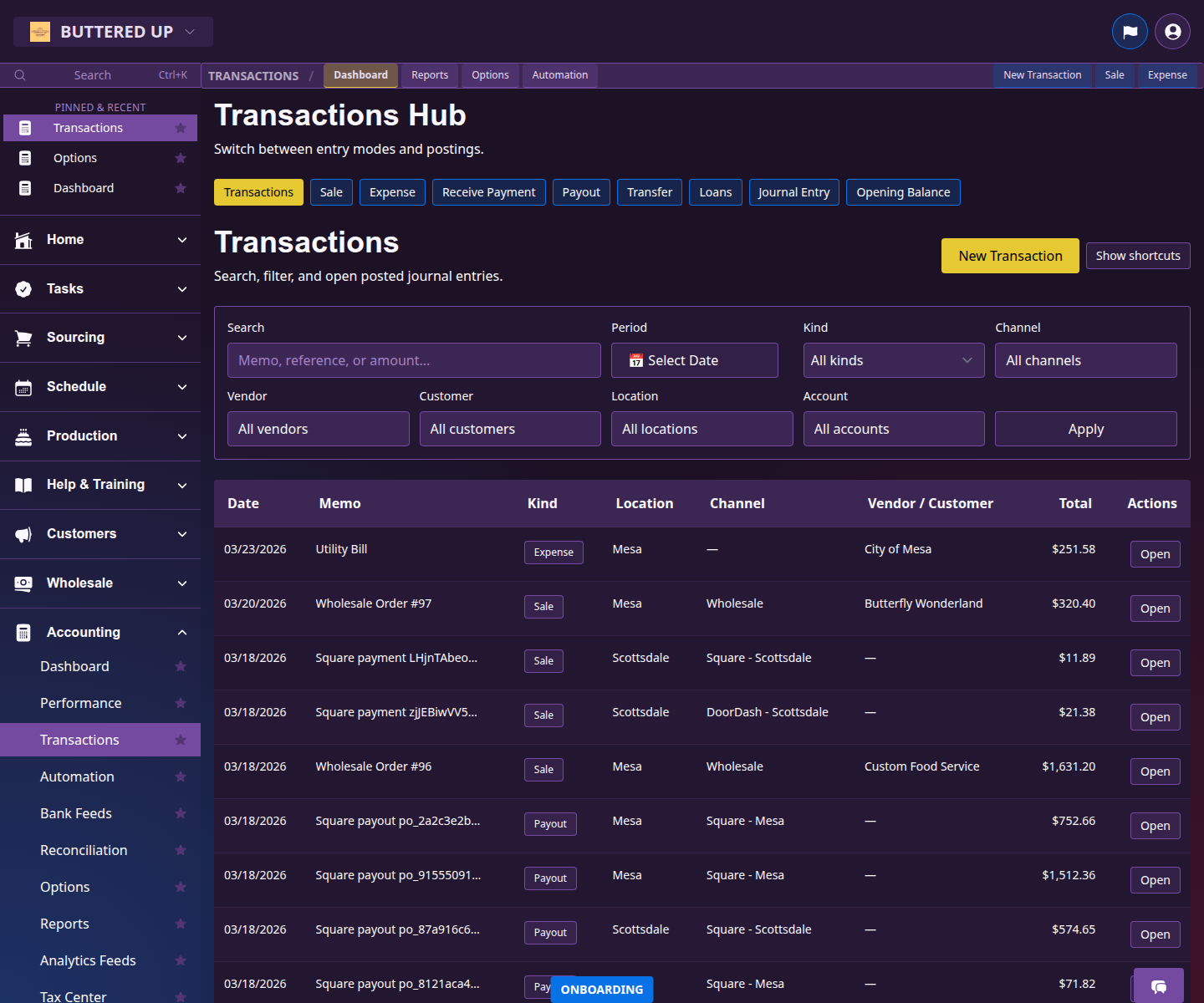 Transactions page showing accounting entries and filters