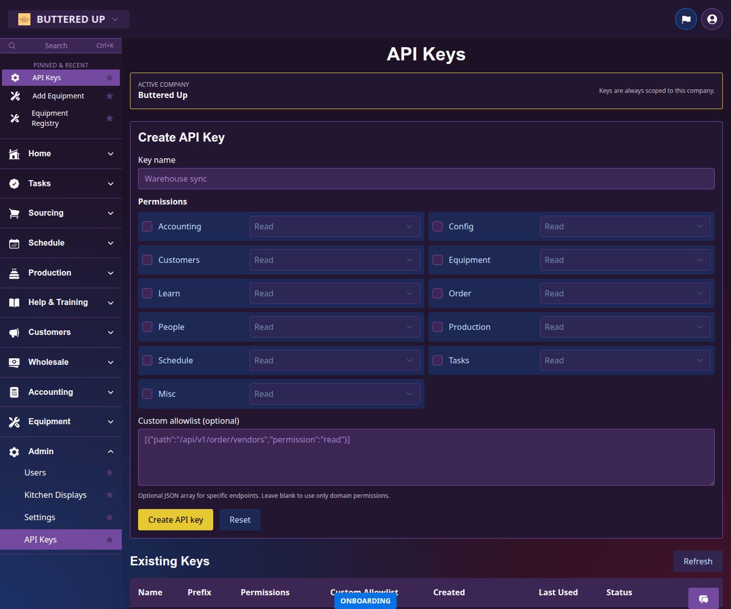API keys page with the create form, permission matrix, and existing key list