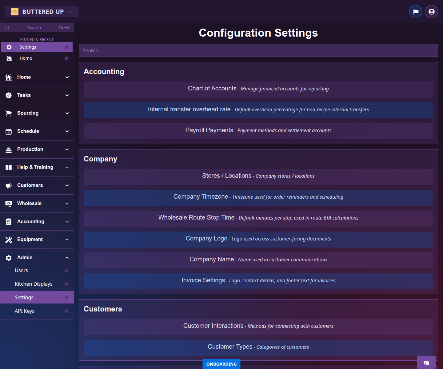 Company settings page with branding and defaults