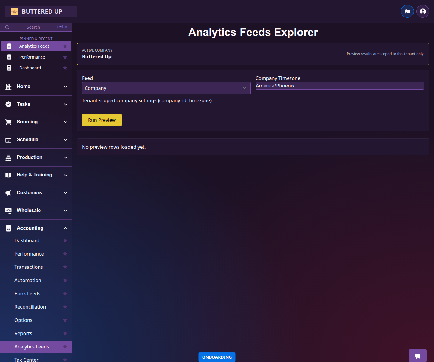 Analytics feeds page with available feed outputs