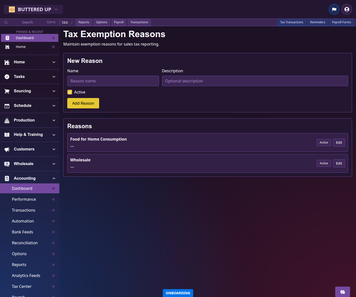 Tax exemptions page with active exemption rules