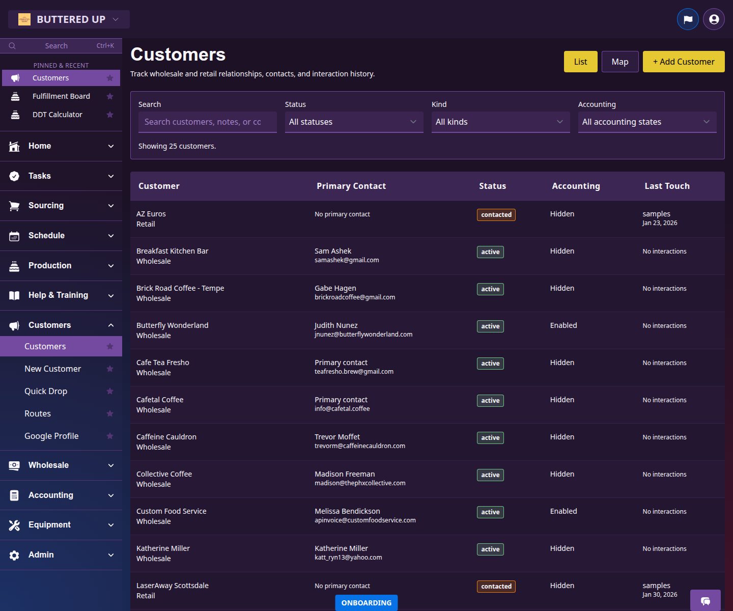 Customers page listing existing customer records