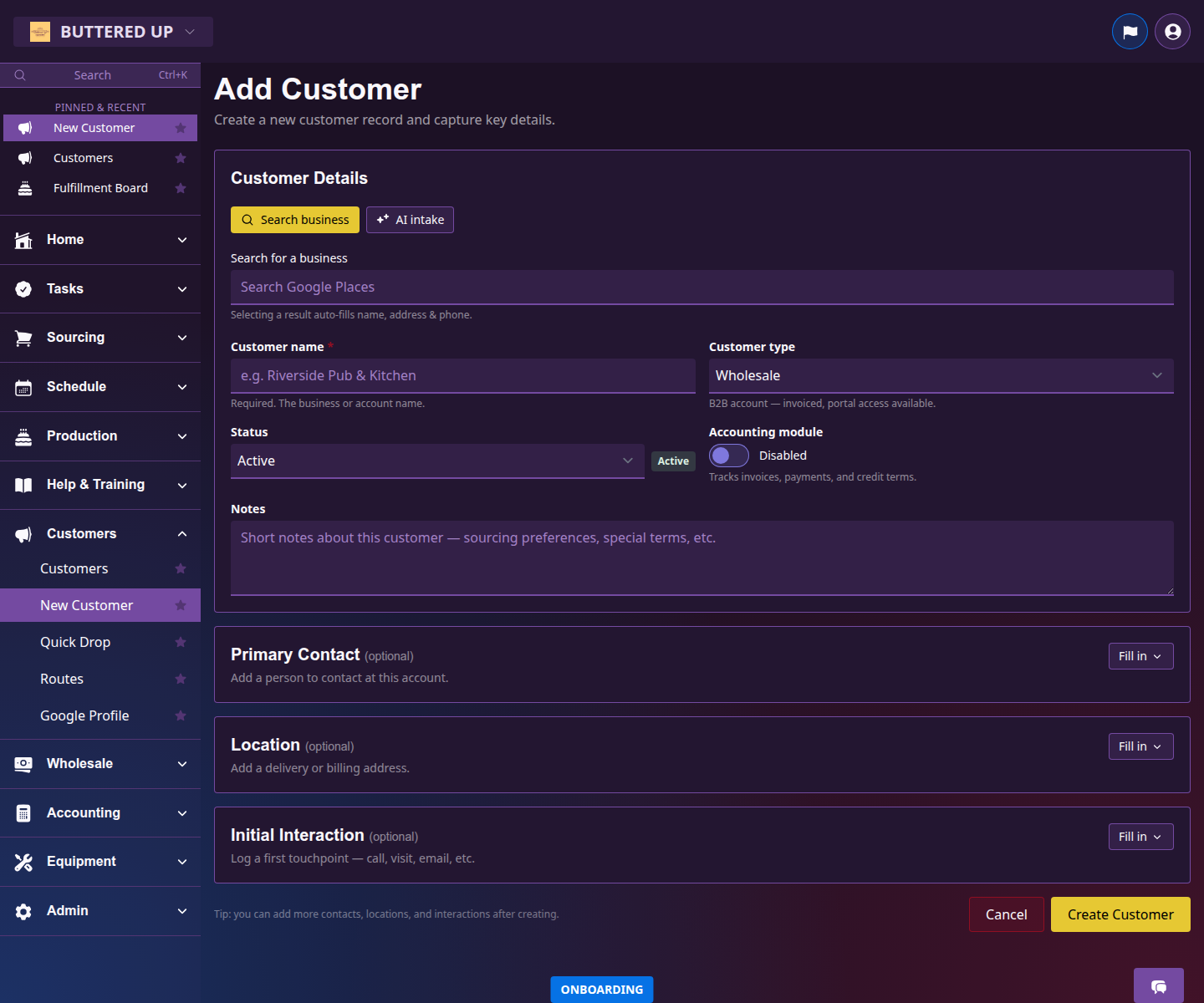 New customer page with create-record form