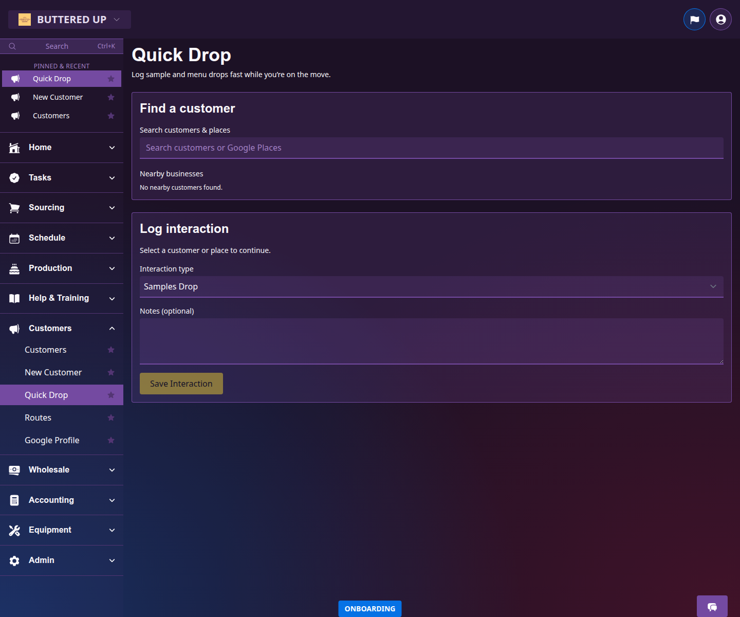 Quick Drop page with the customer search, interaction controls, and save action