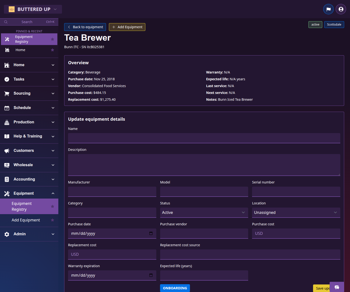 Equipment detail page with photo uploads, primary image, and manual attachments