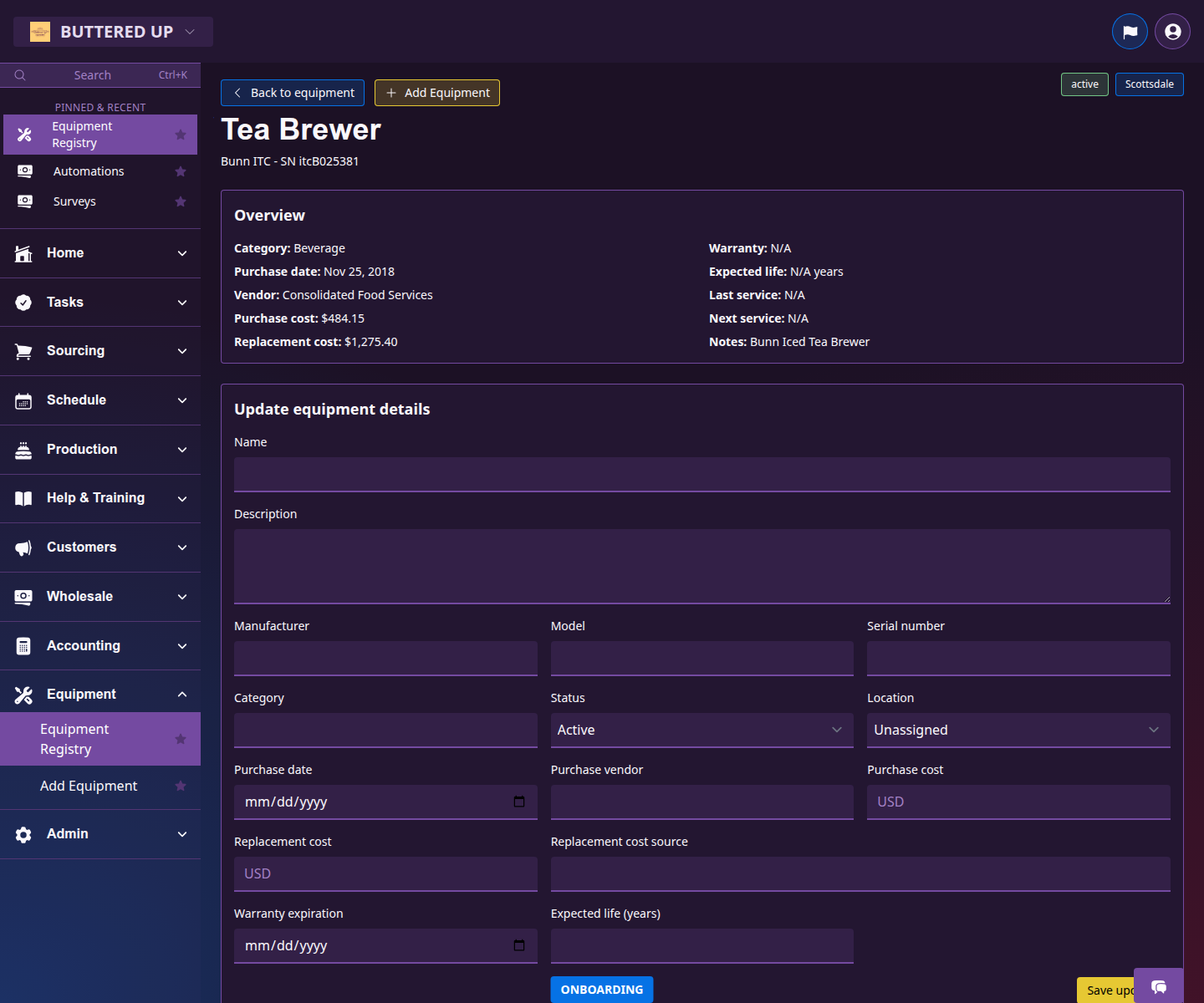 Equipment detail page with the asset identity, overview block, and lower working sections