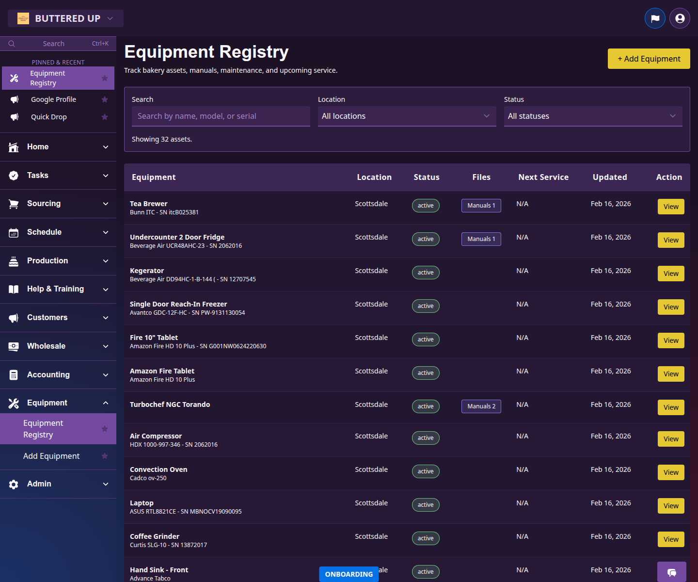 Equipment list page with asset records