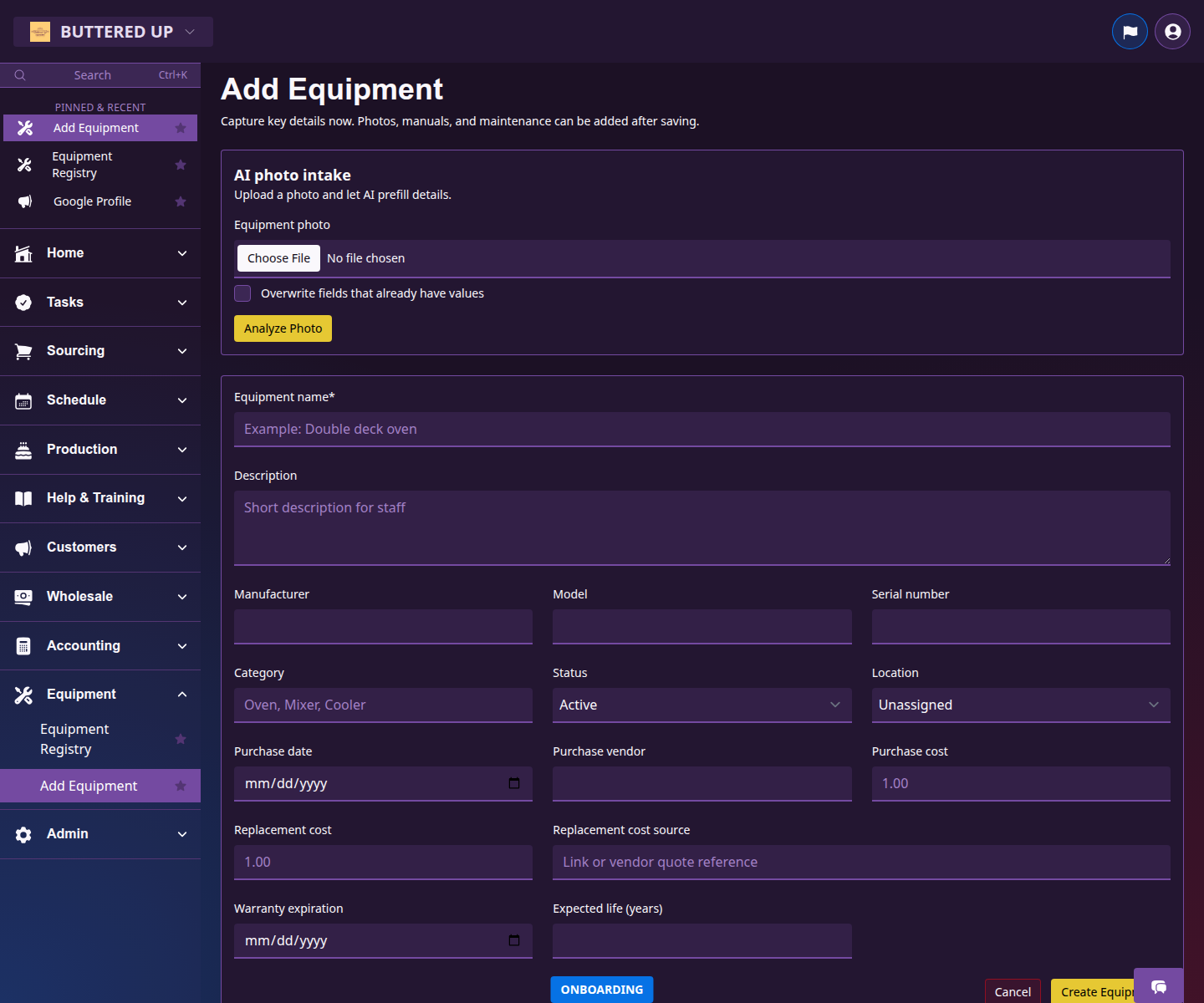 New equipment page with asset setup form