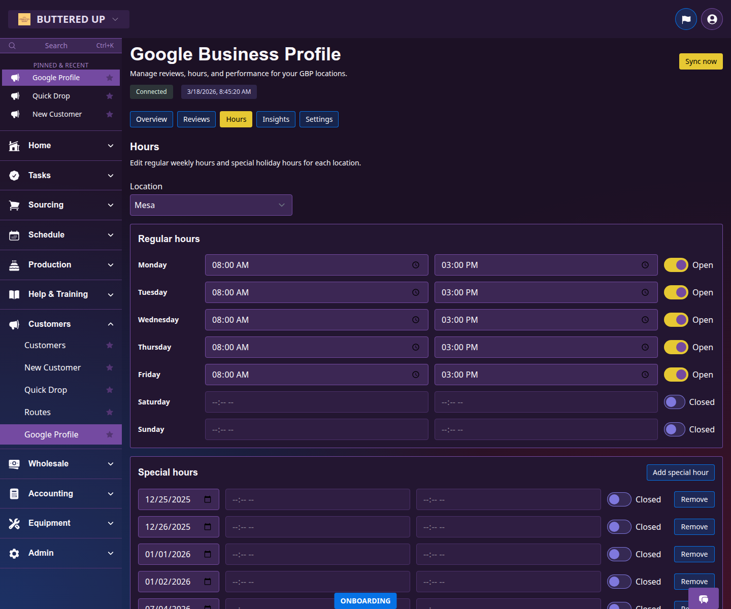 Google Business hours page with editable schedule
