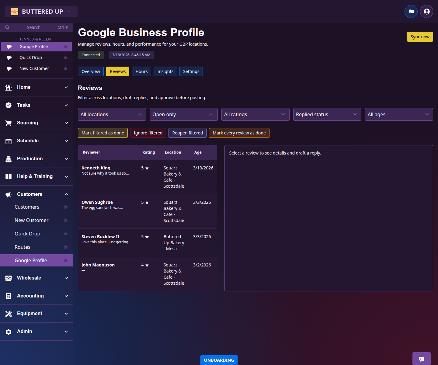 Google Business reviews page with customer feedback records