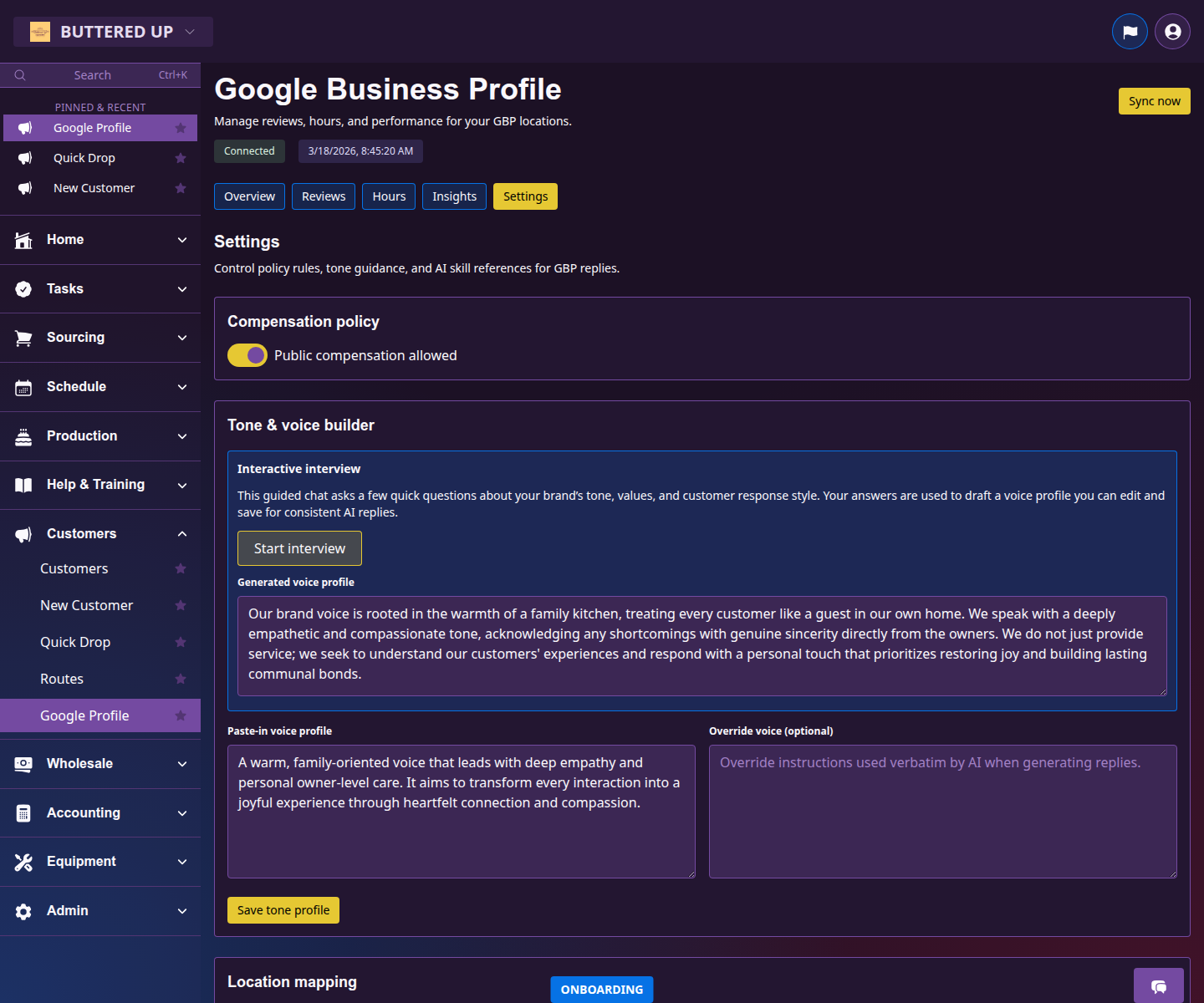 Google Business settings page with location connection controls