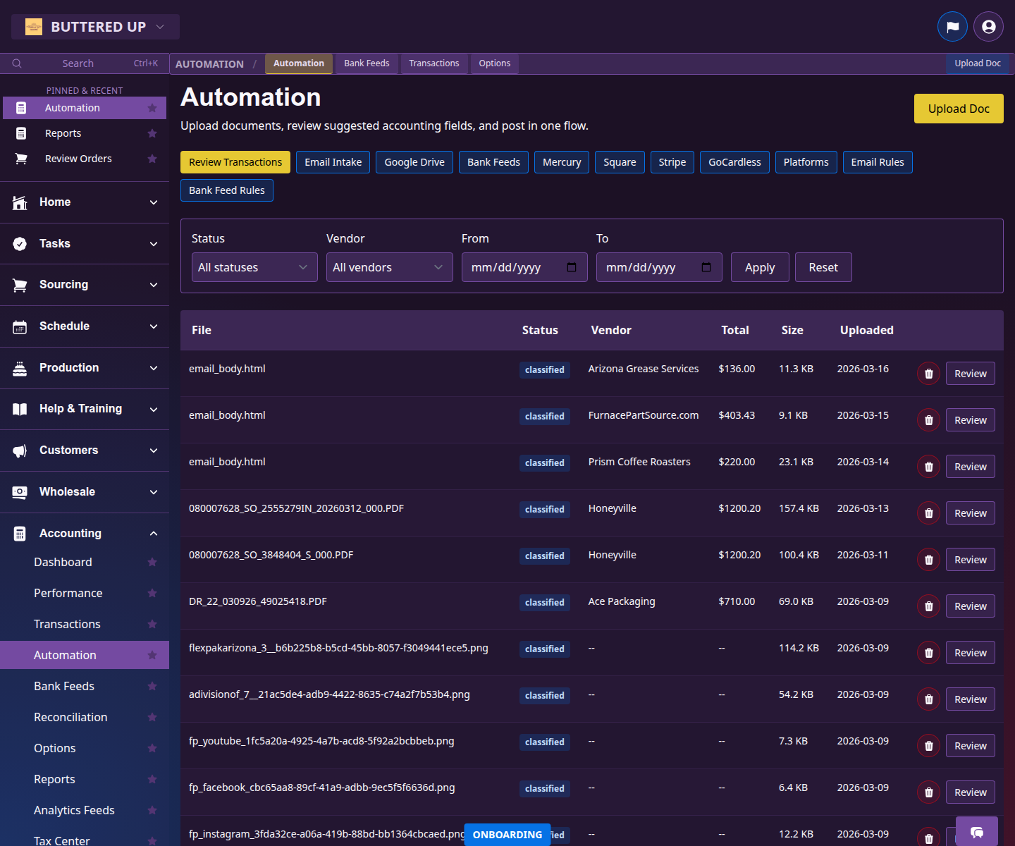 Accounting automation page showing imported documents and automation status