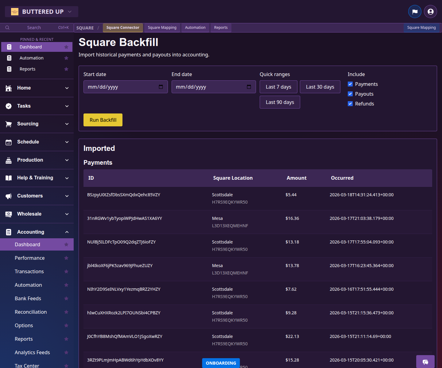 Square import page with date range selection