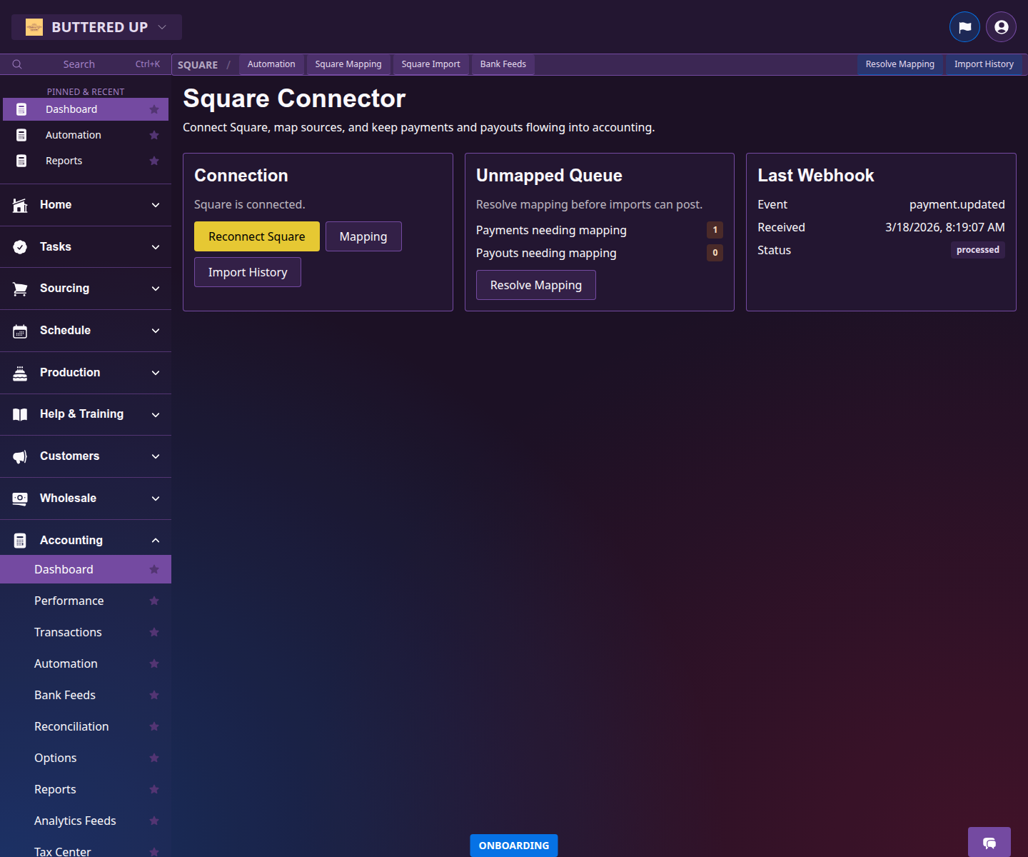 Square integration page showing connection status