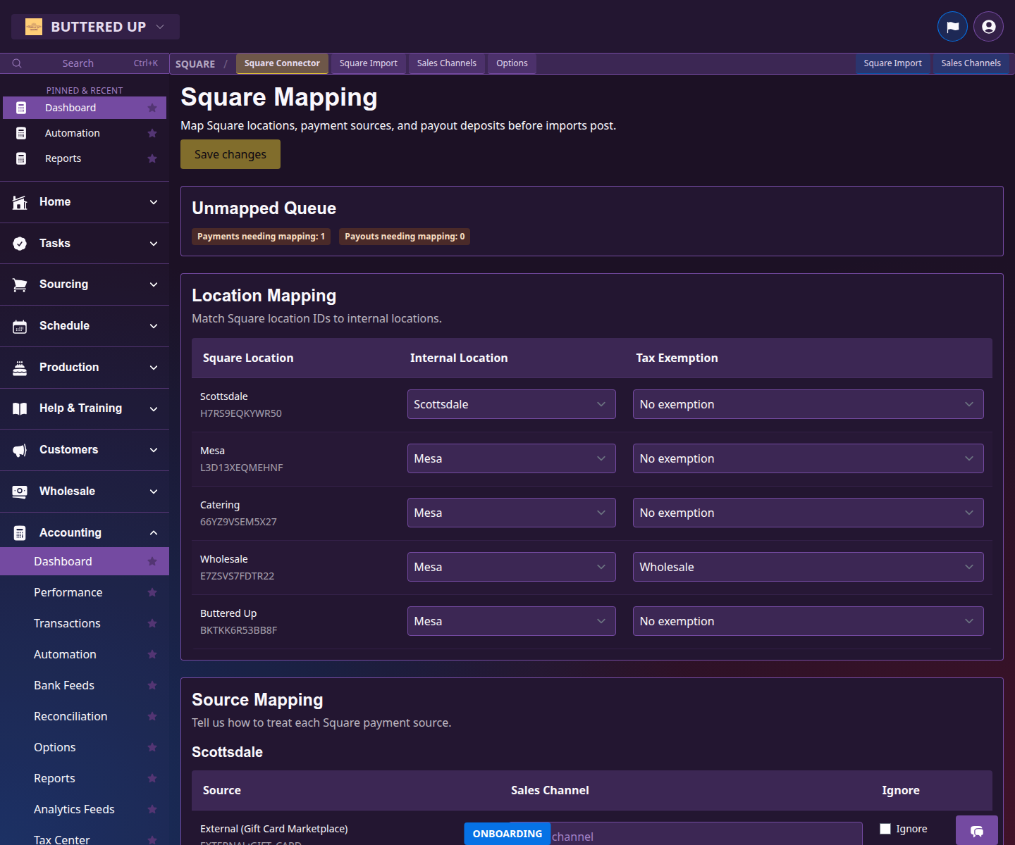 Square mapping page for sales and payout accounting