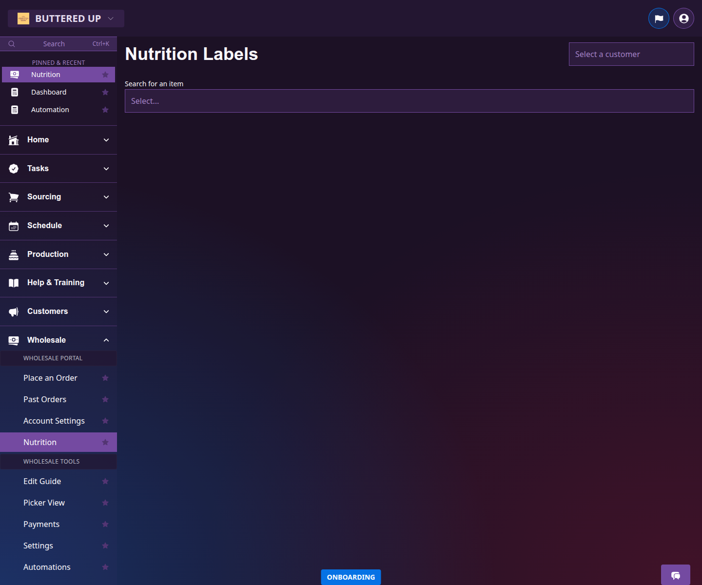 Wholesale nutrition page for selecting an item and generating output
