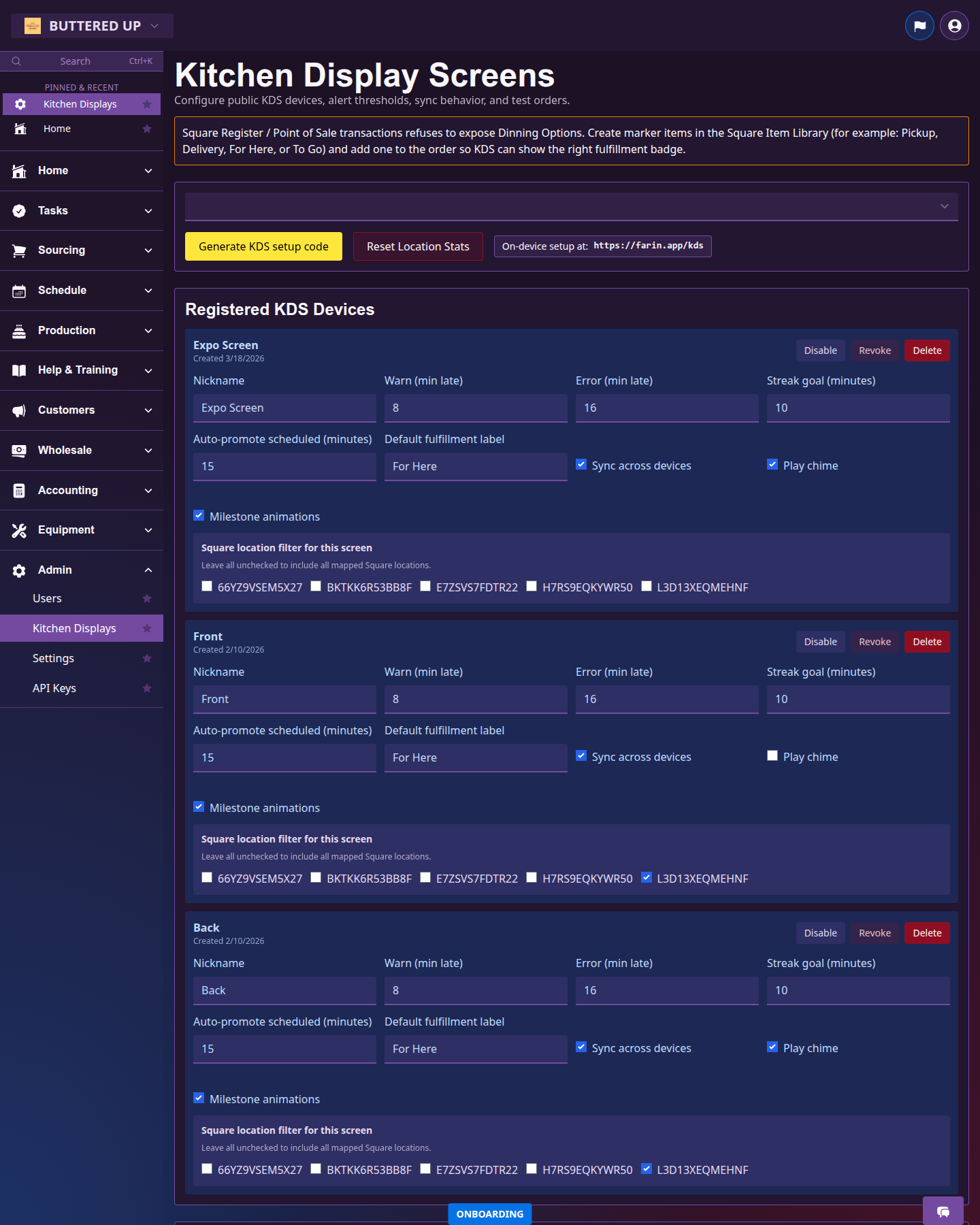 Kitchen Display Screens page with registered devices, sync settings, chime toggle, and test templates