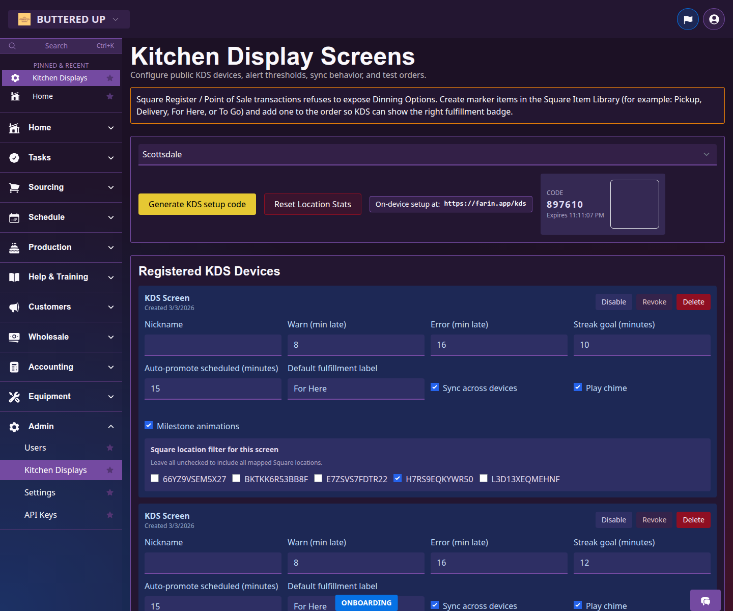 Kitchen Display Screens page with the location picker, setup code button, and generated QR code