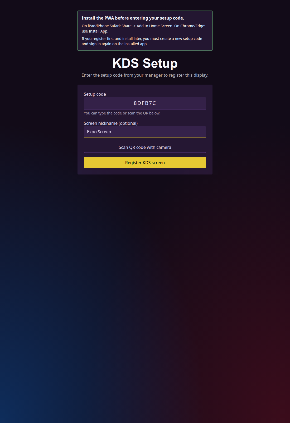 KDS setup page with setup code field, nickname field, and register button