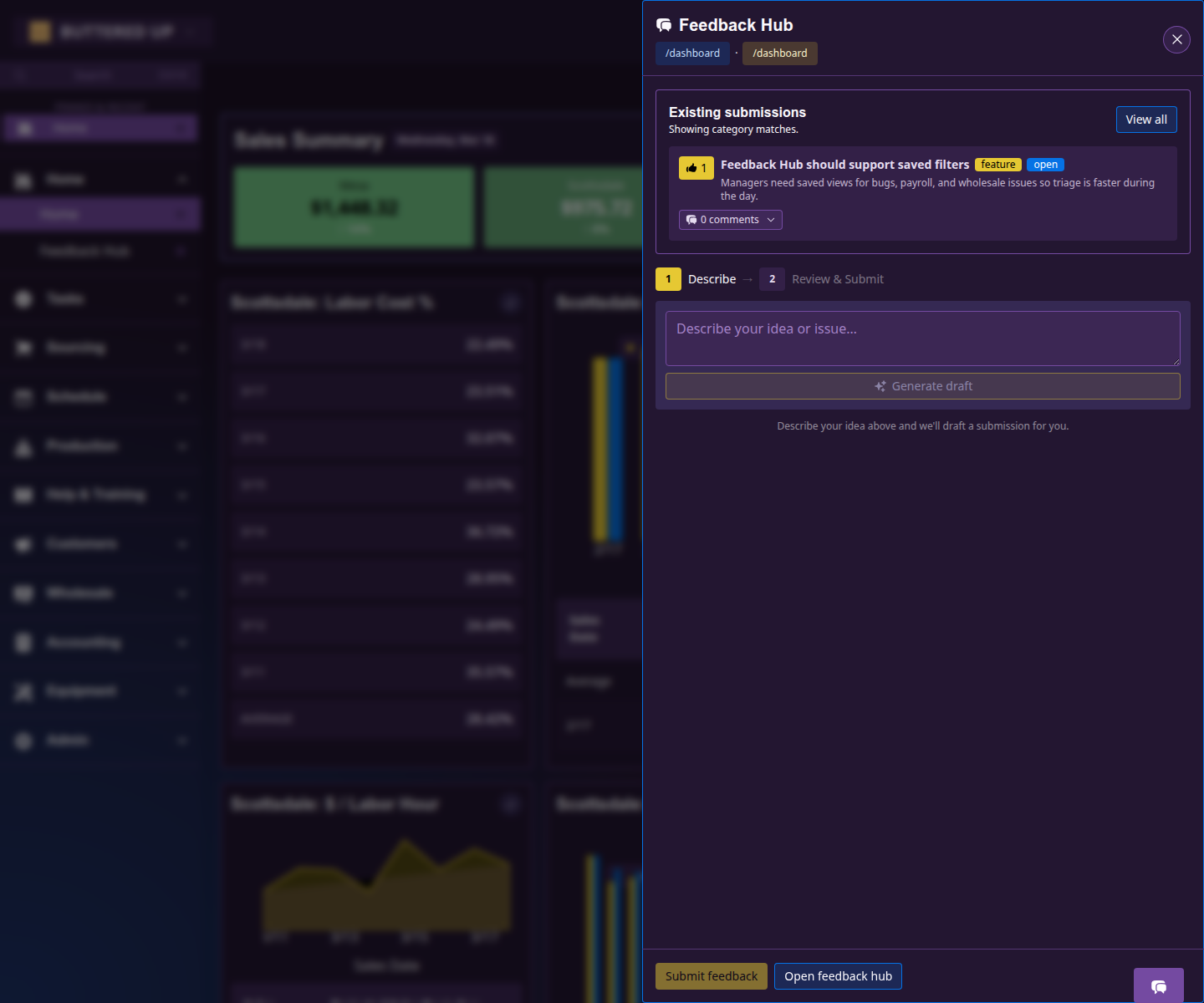 Quick feedback panel open from the app shell