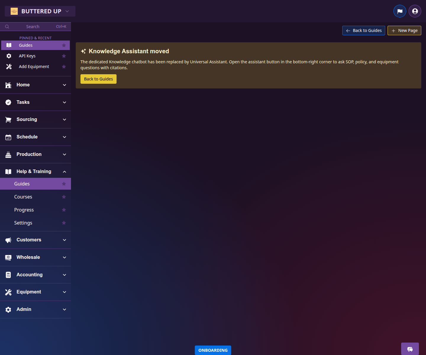 Knowledge assistant page with internal-answer workflow
