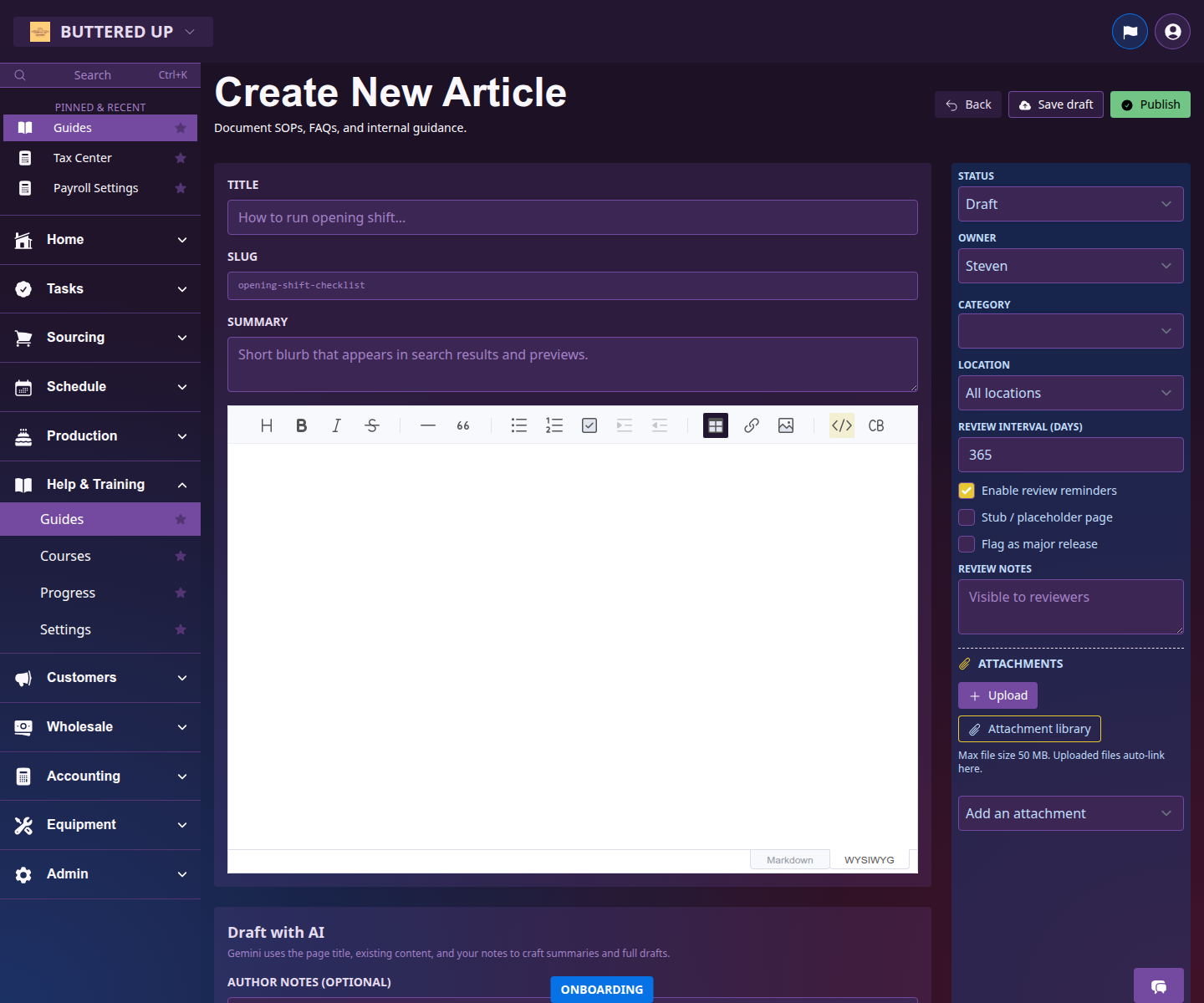 Knowledge editor page for creating or editing an internal guide