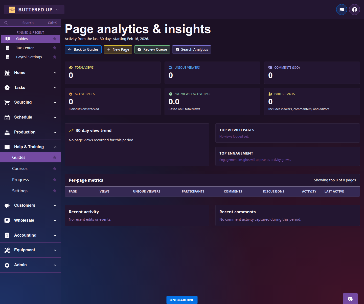 Knowledge page analytics screen with usage insights