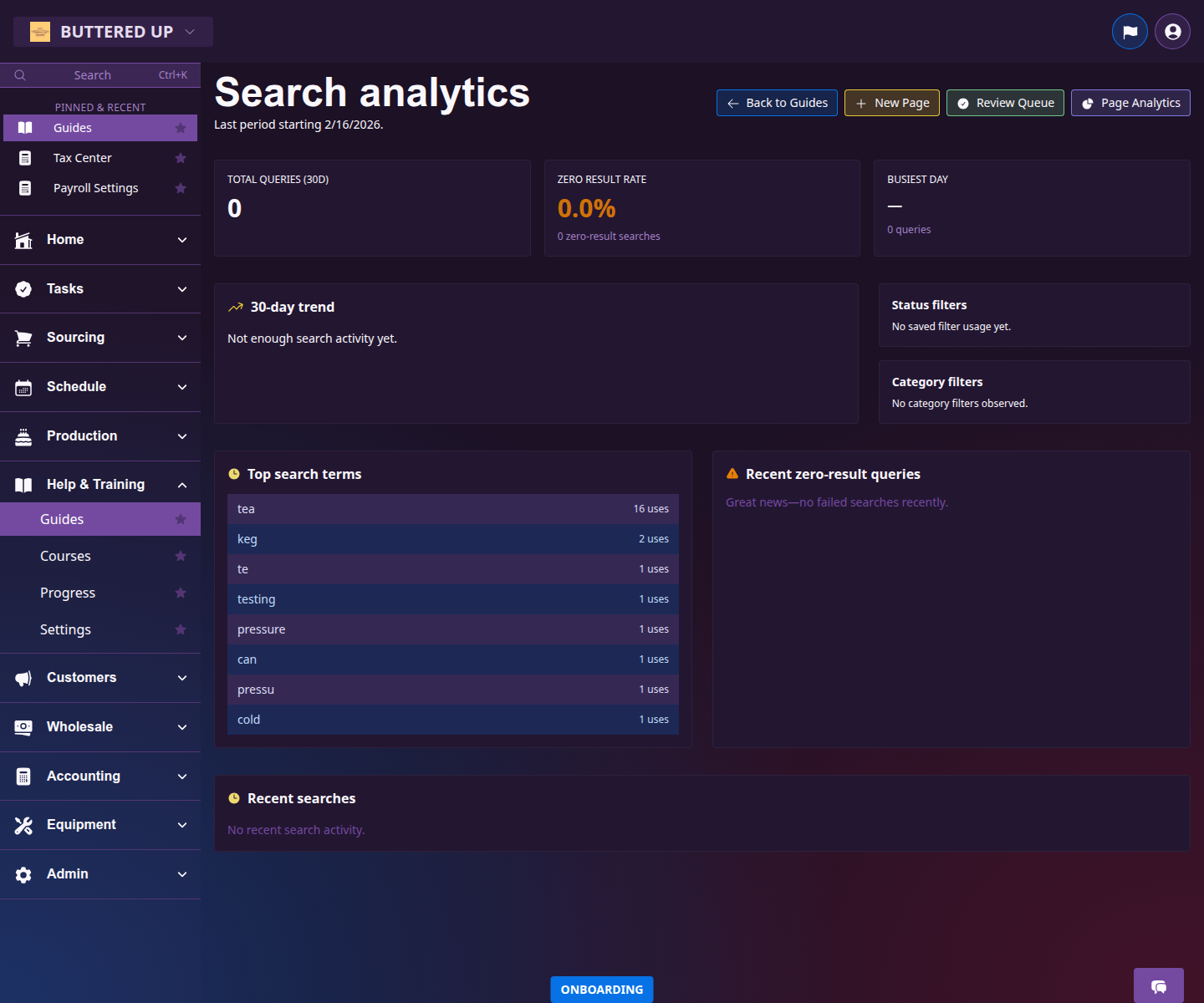 Knowledge search analytics page with query trends