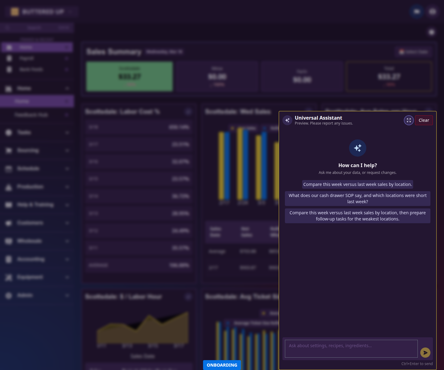 Universal assistant widget open in the app shell