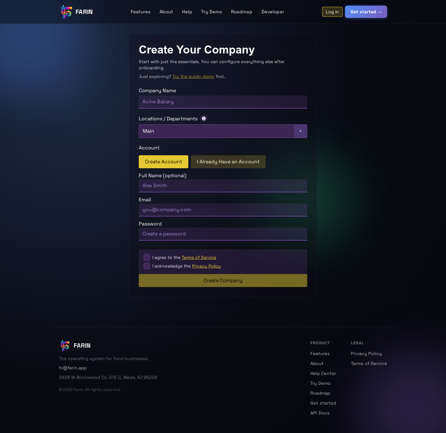 Public company onboarding form with company, location, and account fields