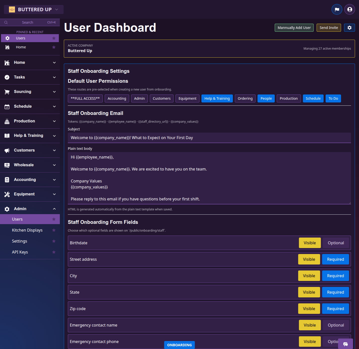 Users page where a manager can send a staff invite
