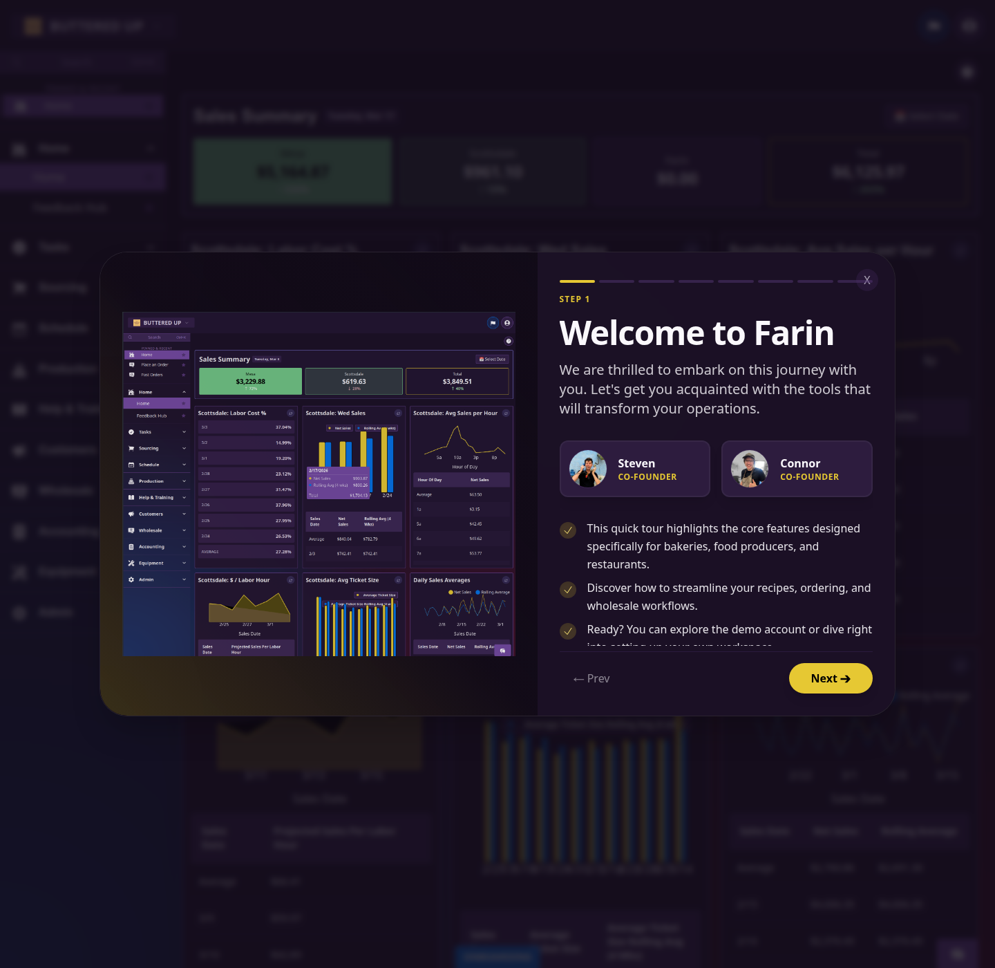 Welcome to Farin modal displayed over the dashboard