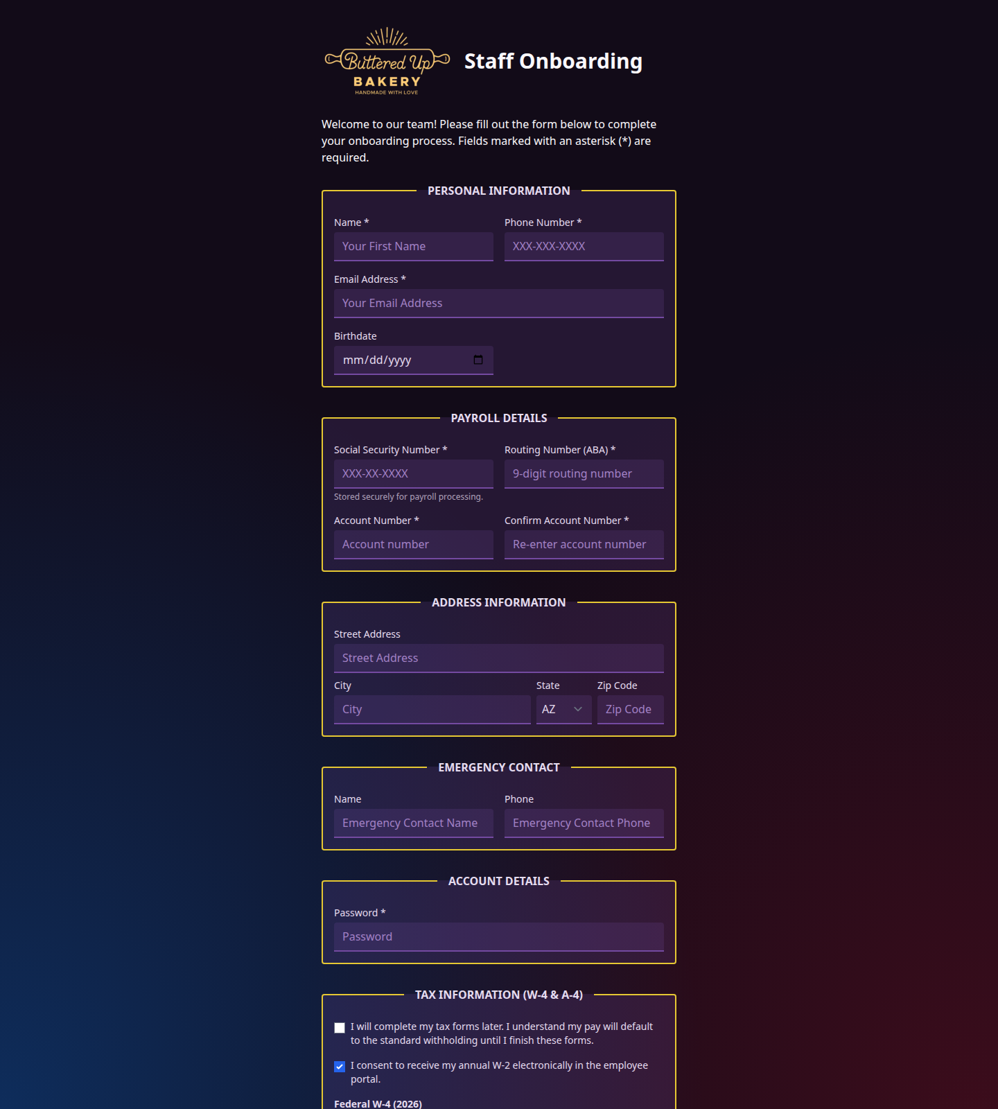 Public staff onboarding page with personal and payroll fields