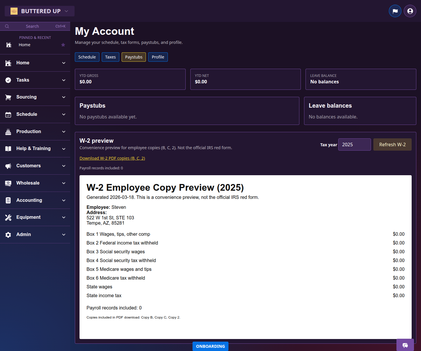 My Account paystubs tab with summary cards, paystub list, and leave balances