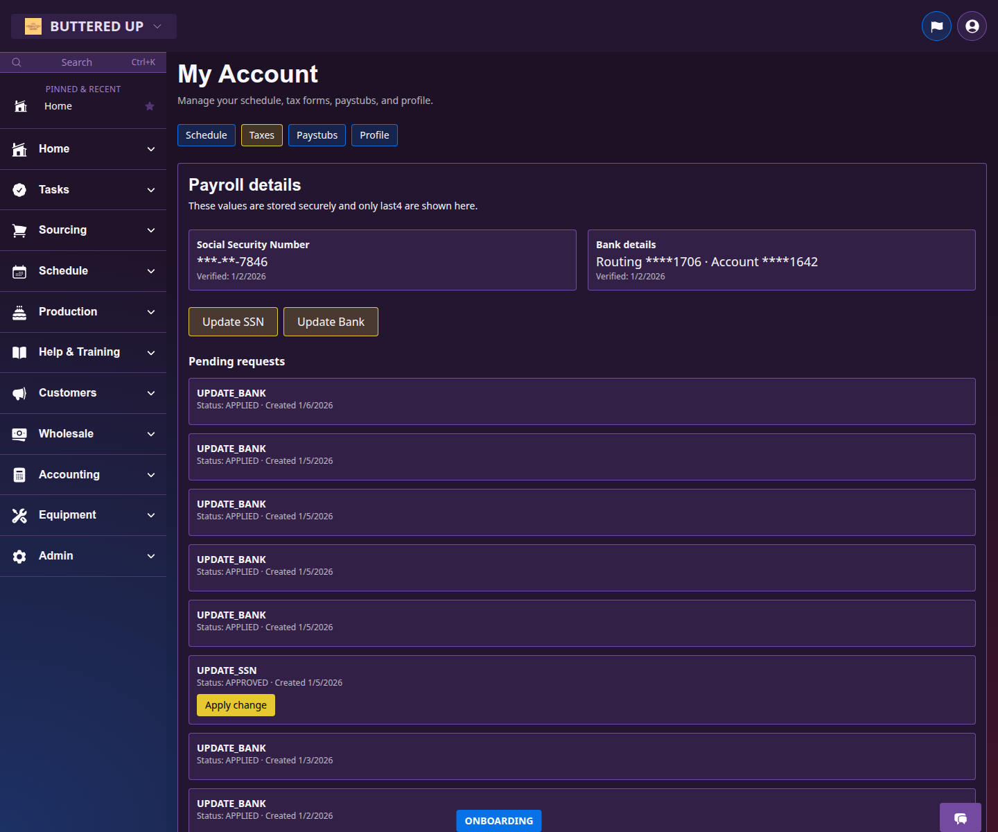 My Account taxes tab with payroll details, tax profile fields, and save controls