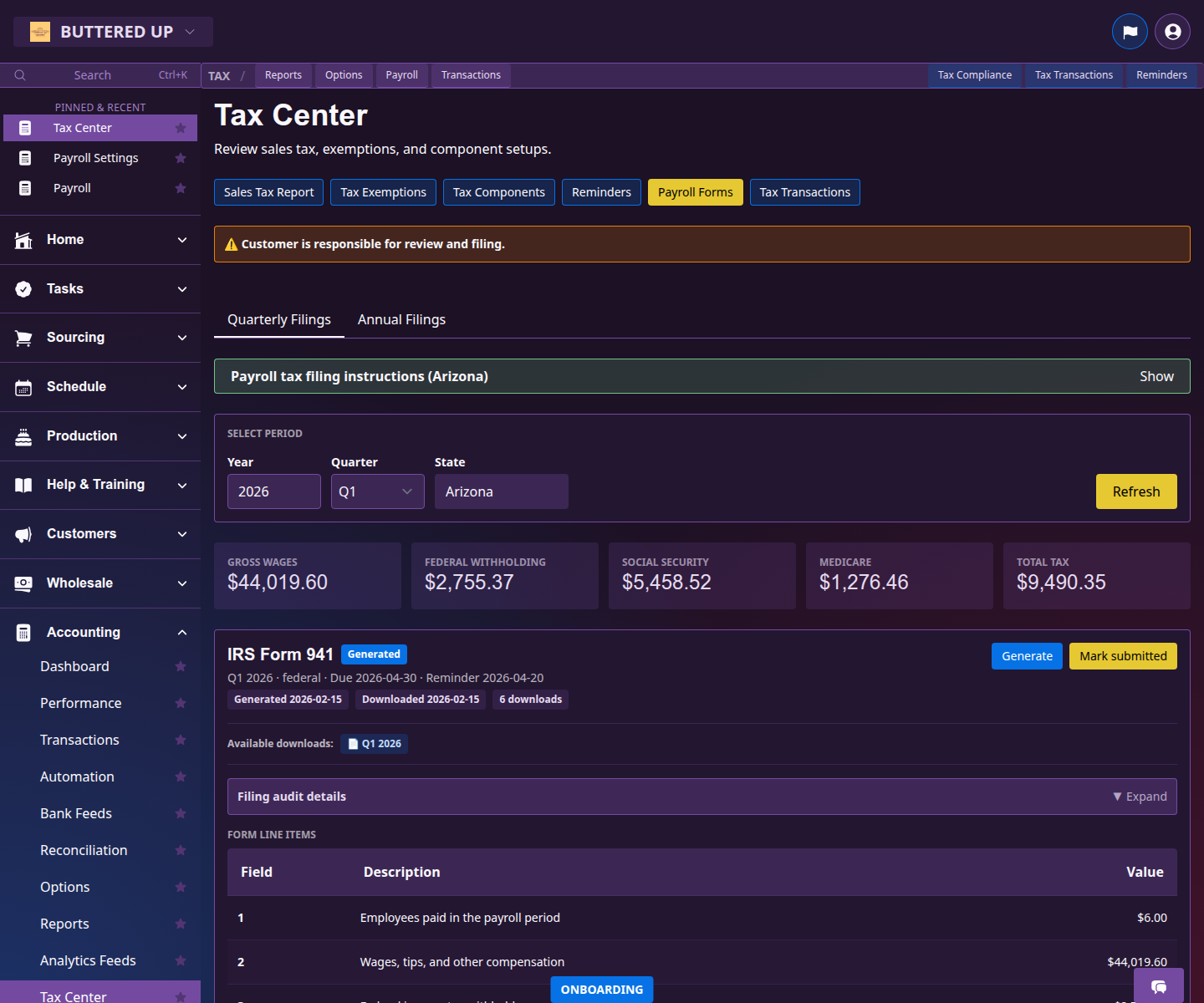 Tax Center payroll forms tab with form rows and generated files