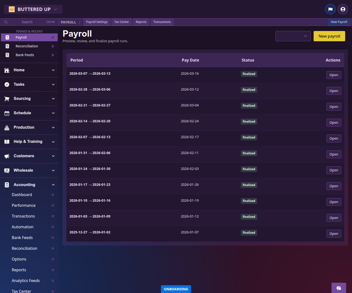Payroll home page listing payroll runs and start controls