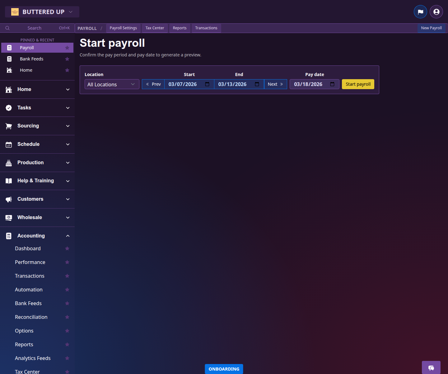 Payroll run detail page with employee wages and review sections