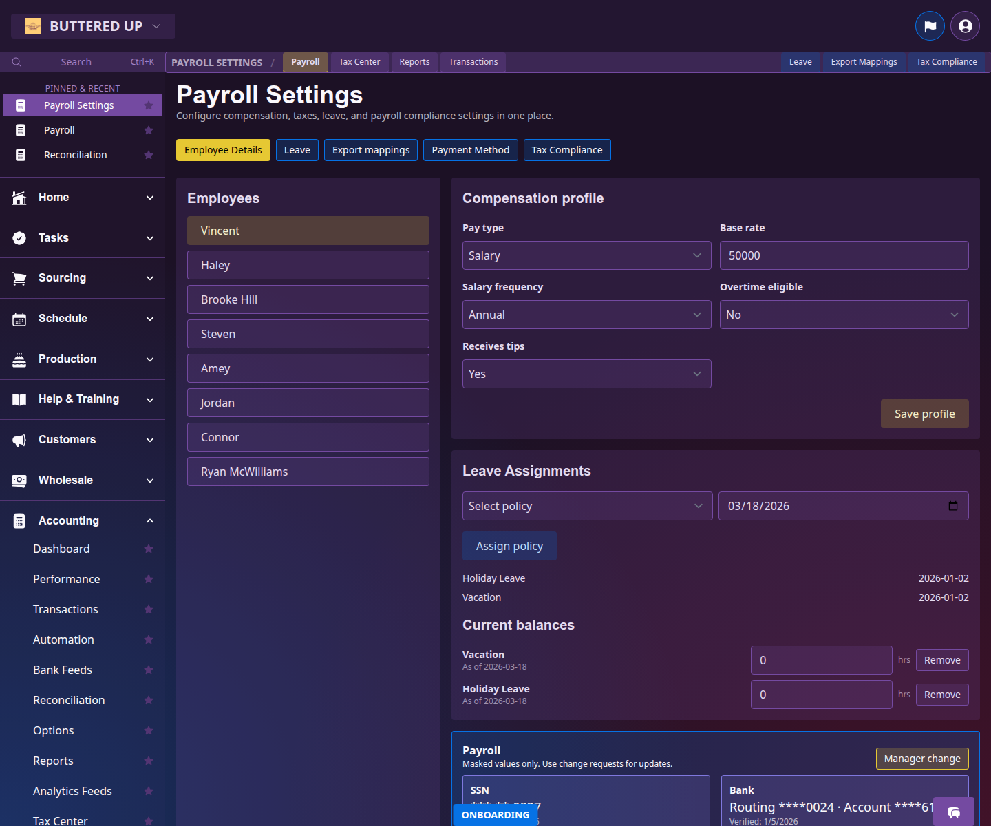 Payroll Settings page with payroll tax compliance controls