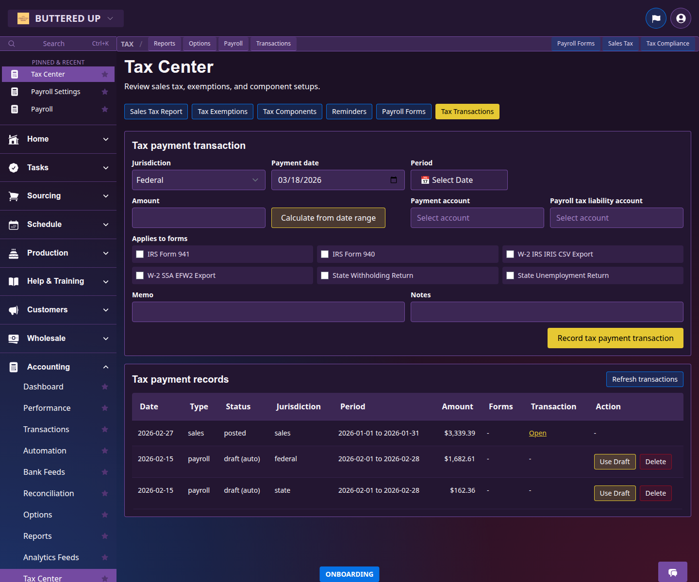 Tax Center payroll transactions tab with deposit records and draft payment rows