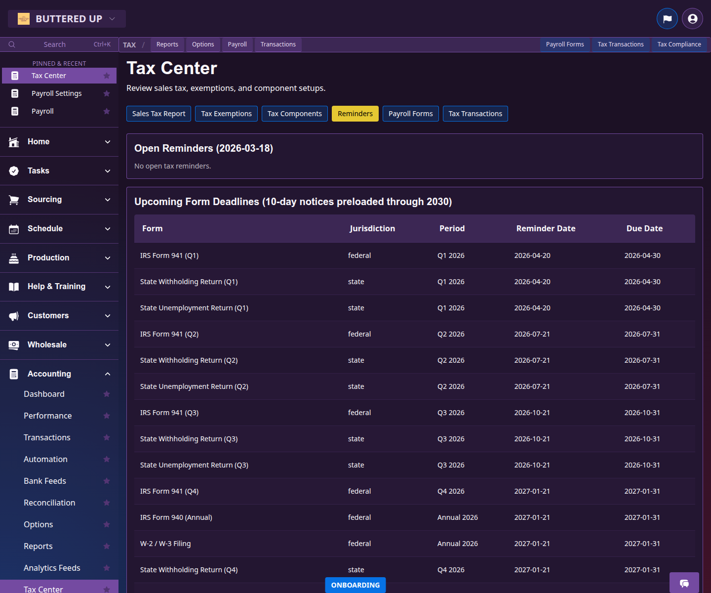 Tax Center reminders tab with payroll and tax reminder settings