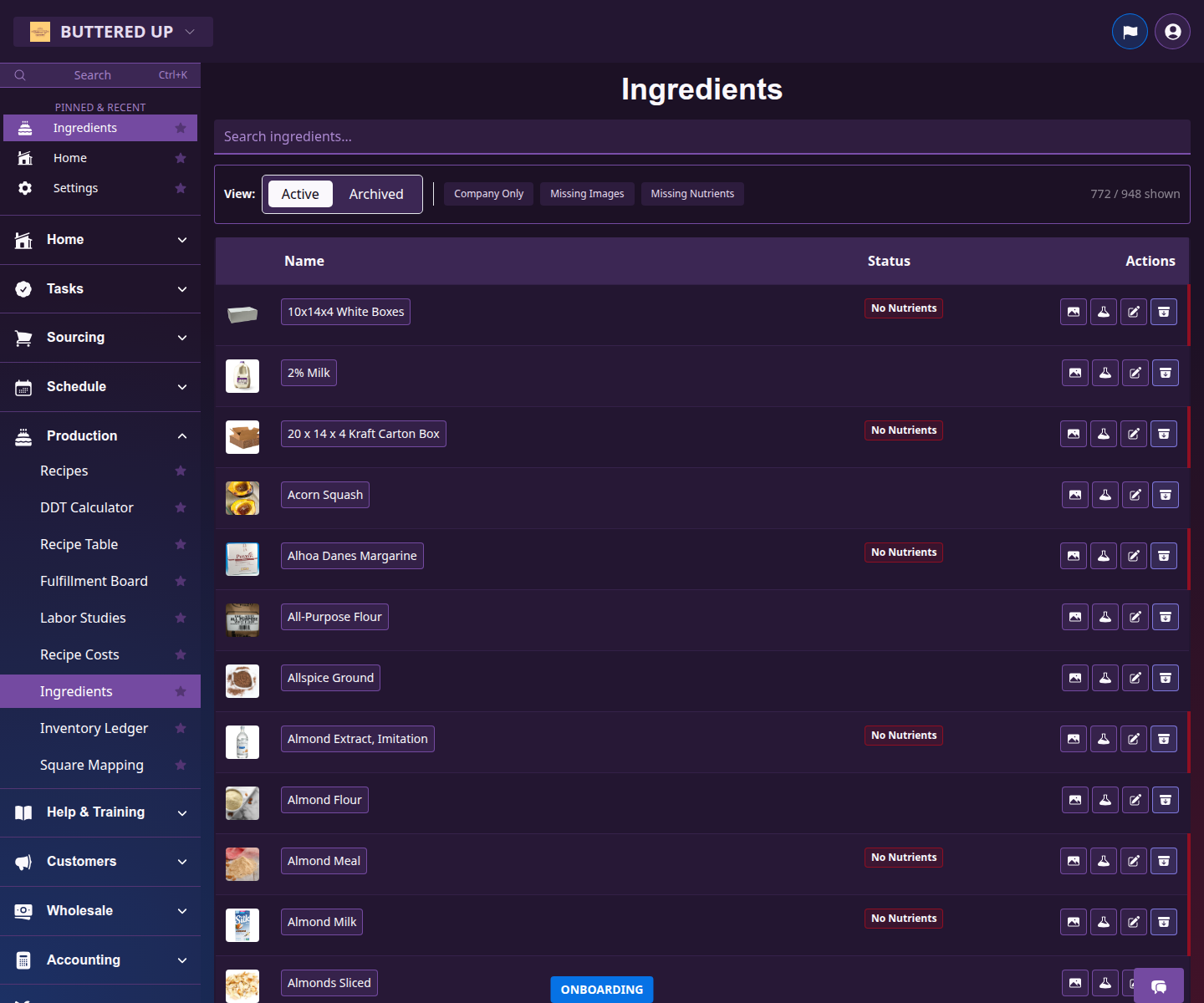 Ingredients list where a manager can open a specific ingredient