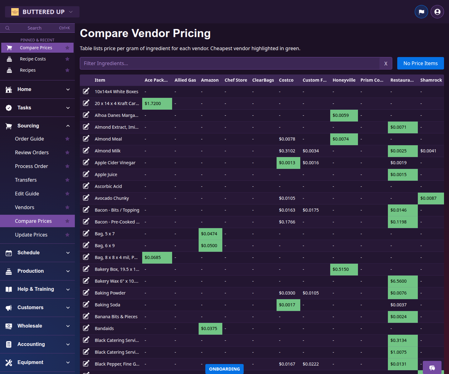 Compare Vendors page showing vendor items and price comparisons