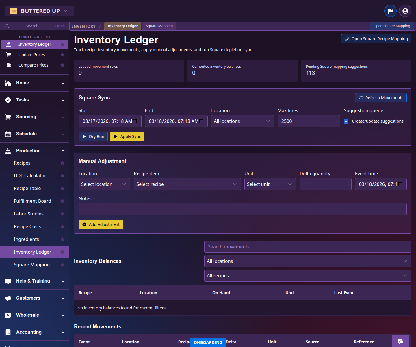 Inventory page showing sync controls, ledger activity, and on-hand balances