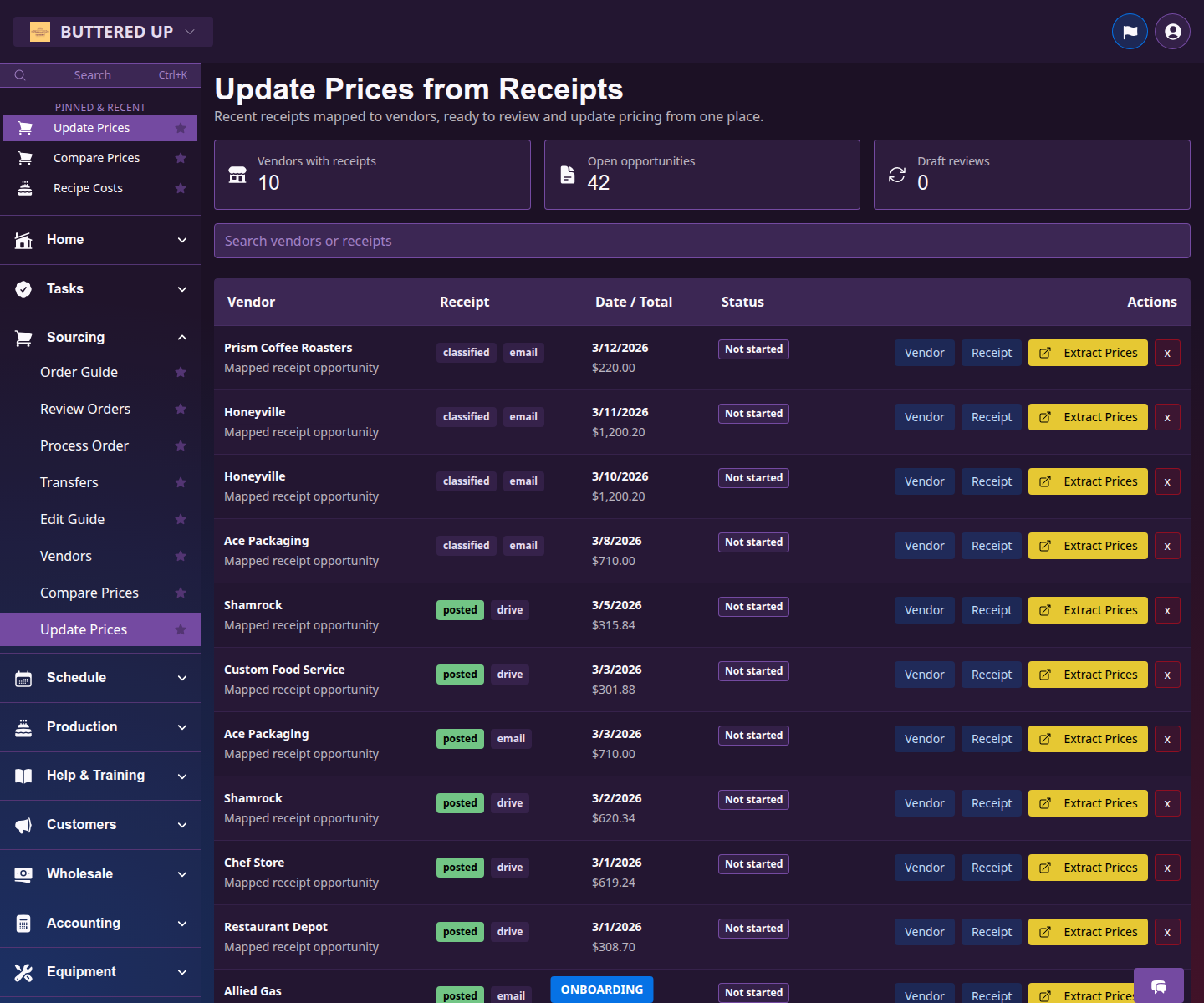Pricing Opportunities page listing vendor pricing change candidates