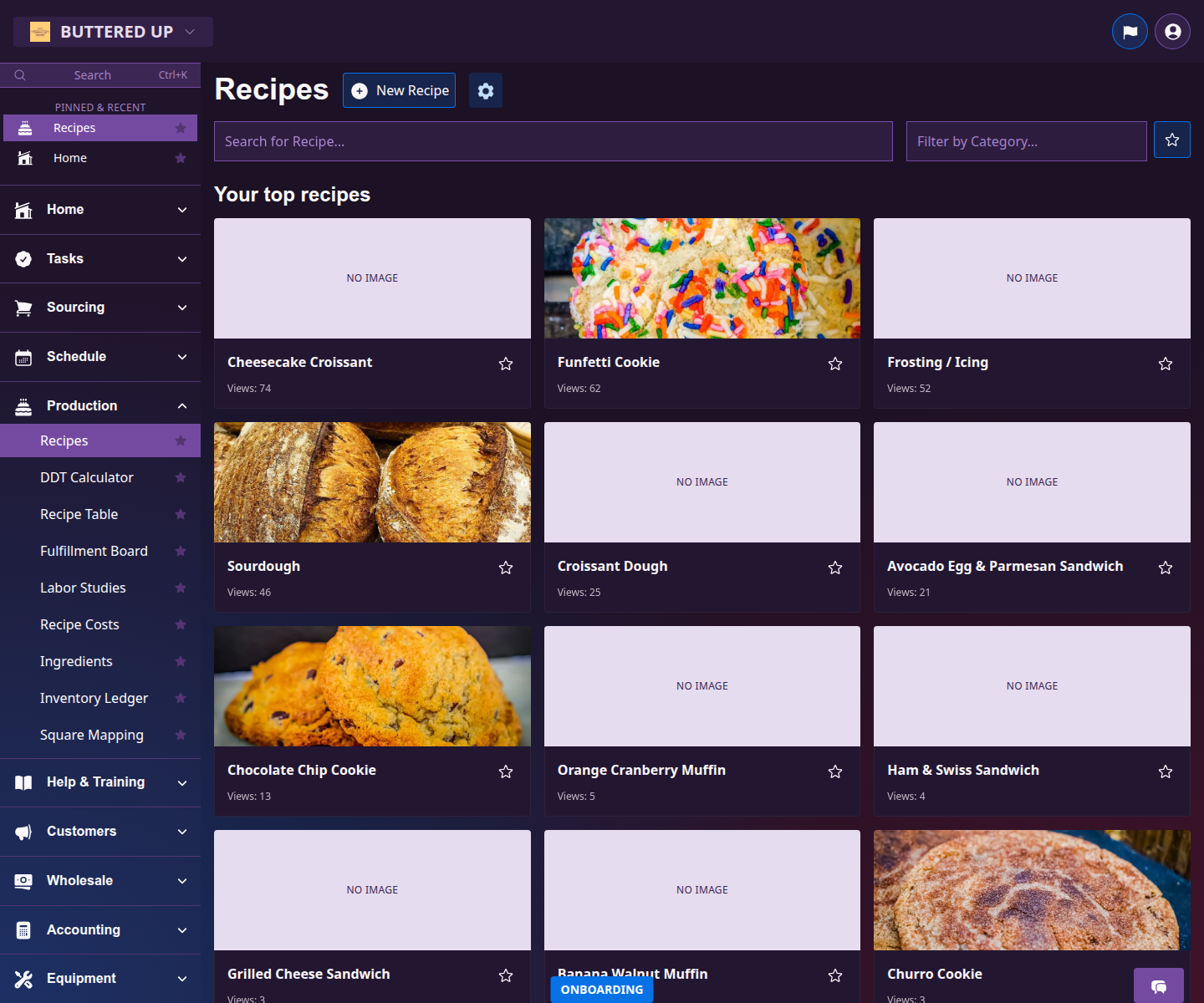 Recipes page with recipe editor controls and saved recipe list